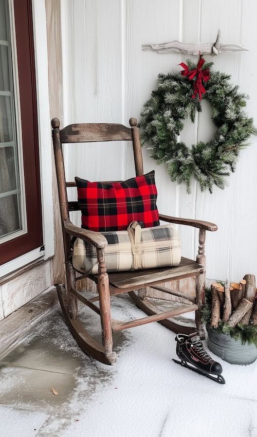 antique wooden rocking chair on front porch christmas cottage decorating