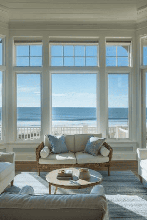 Coastal cottage bay windows looking out to oceanview
