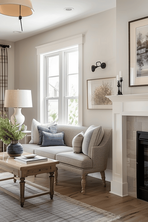 bright transitional living room with fireplace_