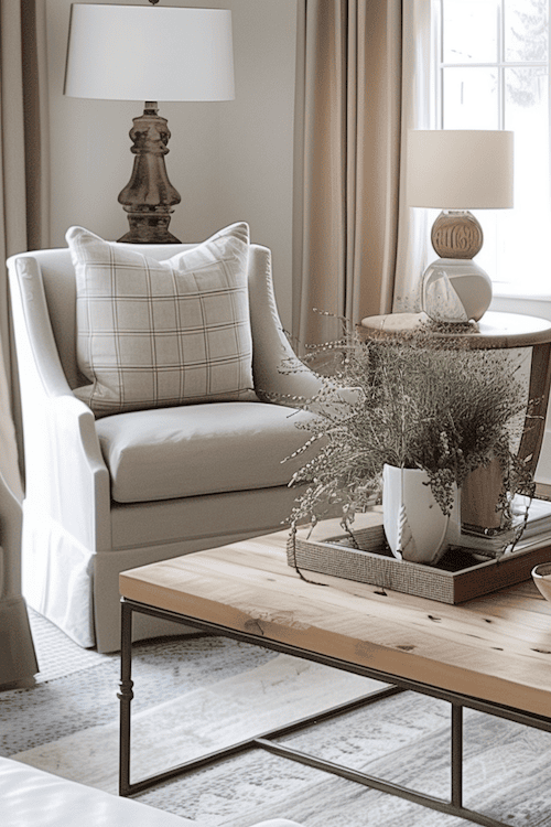 chair decorated in transitional style with checker pillow