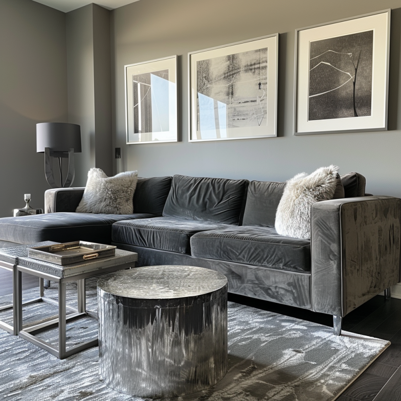up close example of dated millennial gray livingroom