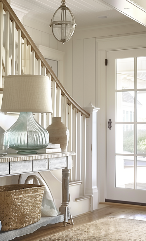 close up view of foyer of home decorated with coastal home interior design