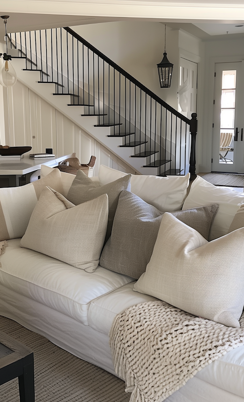 designer inspired living room showing how to decorate your home in the coastal style on a budget