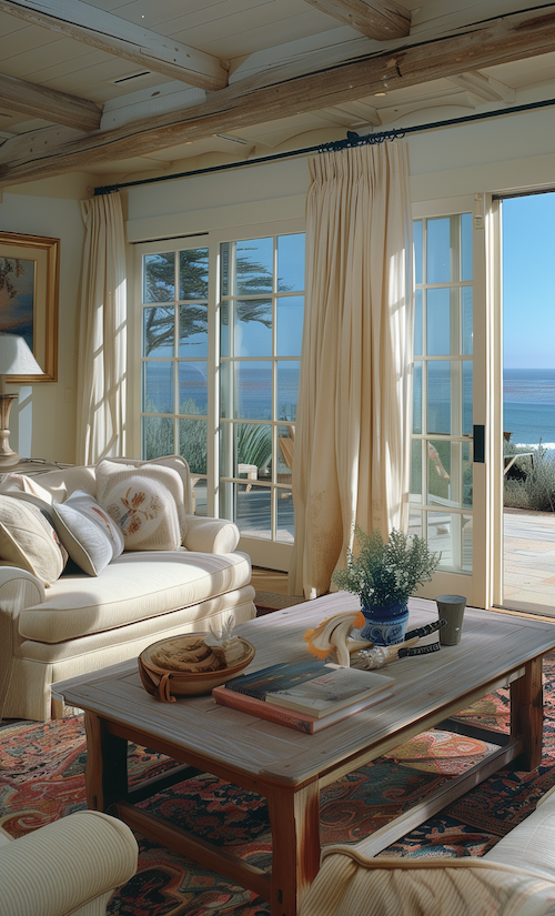 tour a living room with coastal interior design elements