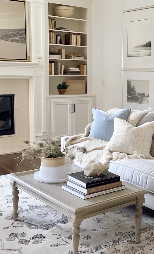 traditional livingroom updated with coastal color palette