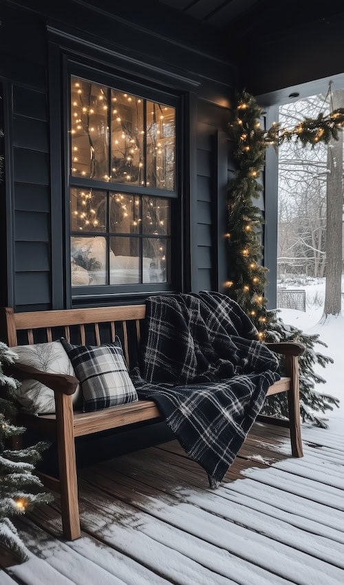 cozy seating wooden bench on porch decorated for Christmas
