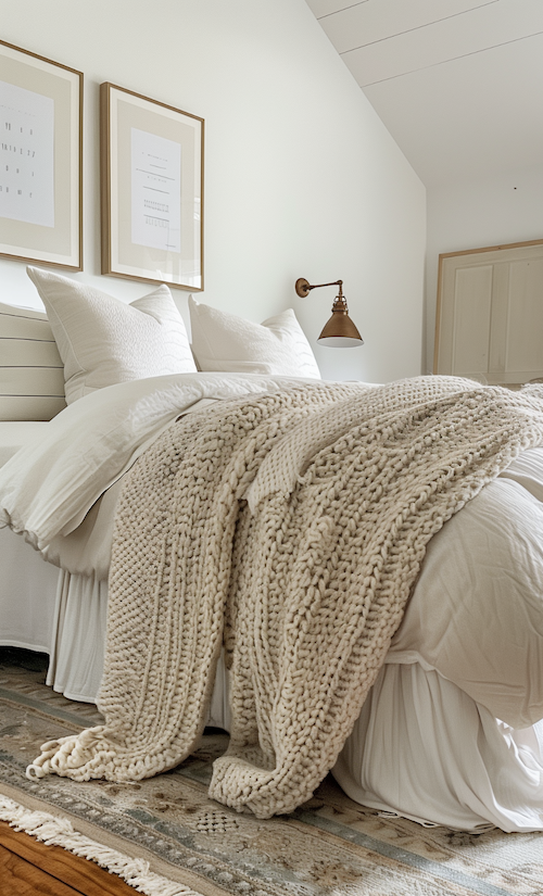 how to choose the right colors for a coastal interior design - neutral color pallet example showing big bed layered with blankets coastal style