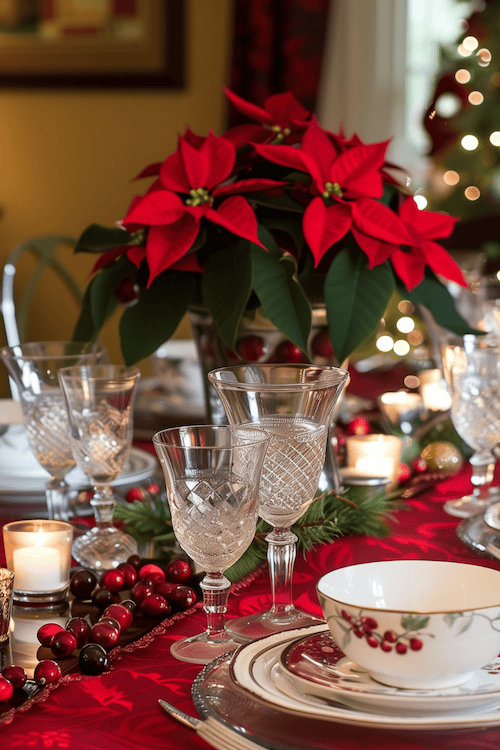 Lovely Poinsettia and Cranberries on Christmas Dinner Table