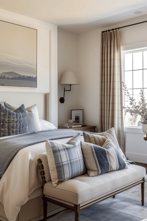 soft transitional bedroom design with bench