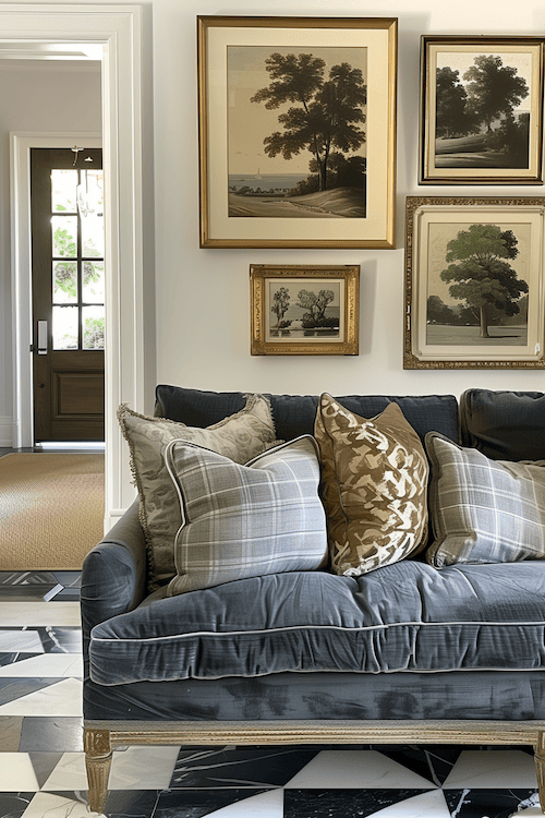 blue couch transitional interior design trends explained