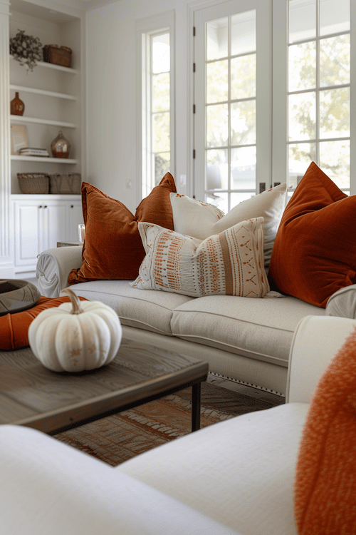 living room decorated for fall with autumn colors and white pumpkin decor classy fall decorating ideas
