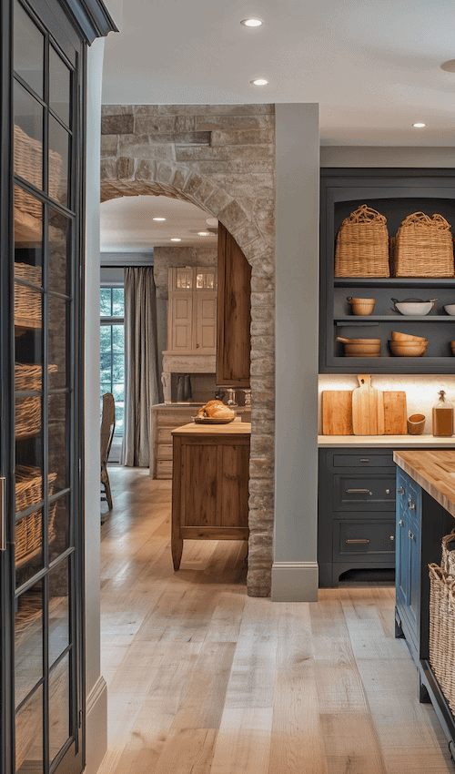 flooring in elegant walk in pantry room in modern french country kitchen