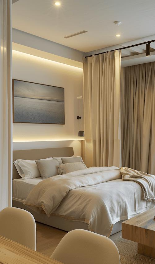 floor to ceiling curtains and compact furniture make small spaces feel grand