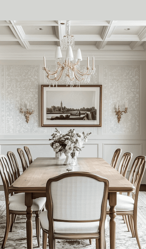 french estate classic dining room decor with beautiful wainscotting