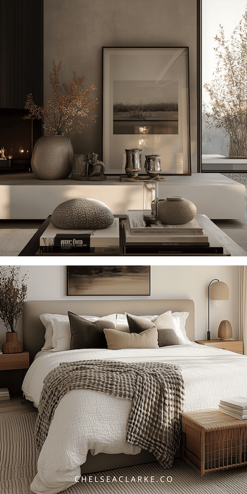 two images of a primary suite with a dedicated seating are, similar to its own living room in the bedroom