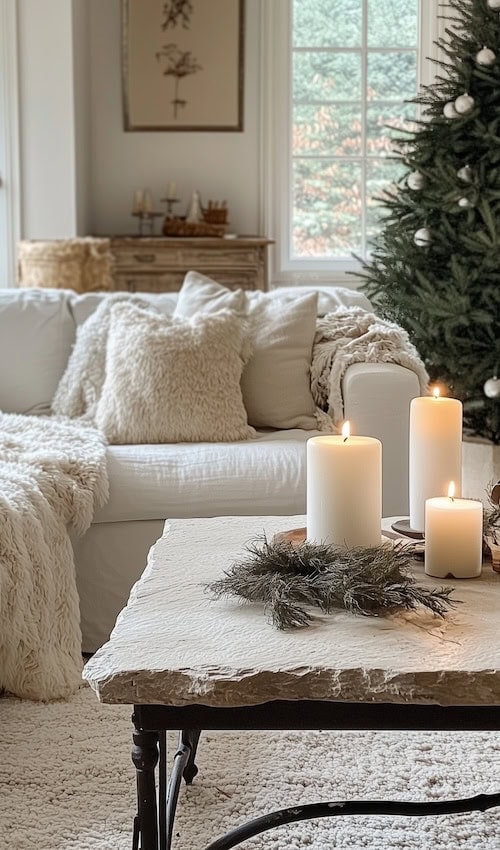 cozy living room decorated for Christmas with candles