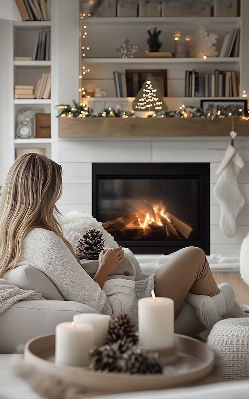 homeowner enjoys seasonal decor in her living room in november