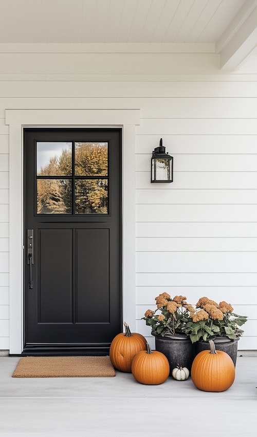 A Farmhouse Fall decor design on the front porch looks great with just a few pumpkins and a small plant