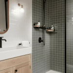 organic materials in tiny bathroom looks more spacious with floor to ceiling tiles