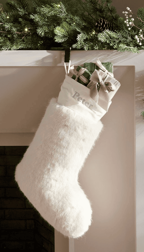 embroidered faux fur stockings cottagecore christmas fireplace mantel