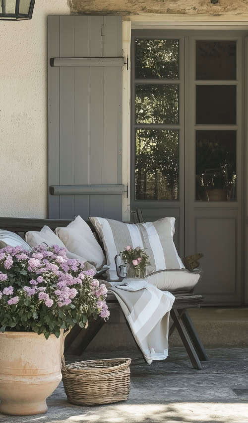 pillows on french country cottage porch spring decor