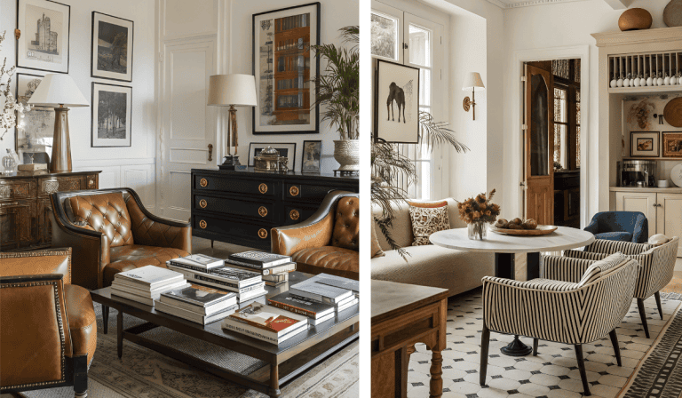 eclectic apartment decorated with maximalist decor in neutral color pallet