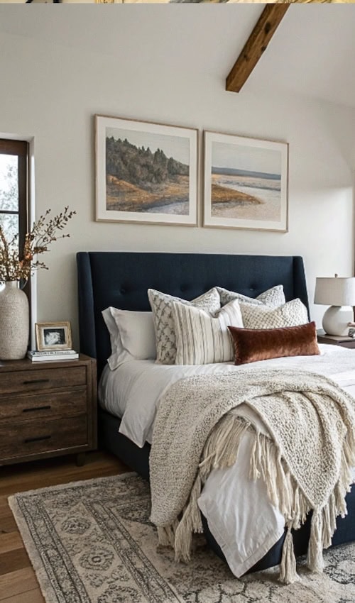 vase of flowers beside bed