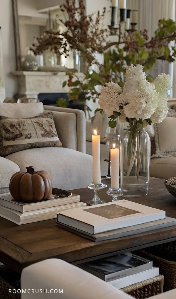 a cozy classy fall home decor table with fall decorations